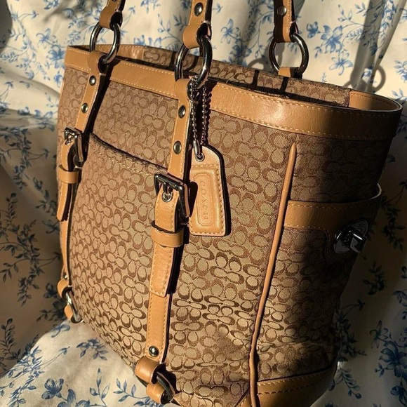 Coach Brown Signature Canvas Tote with Tan Leather Trim - Picture 2 of 7